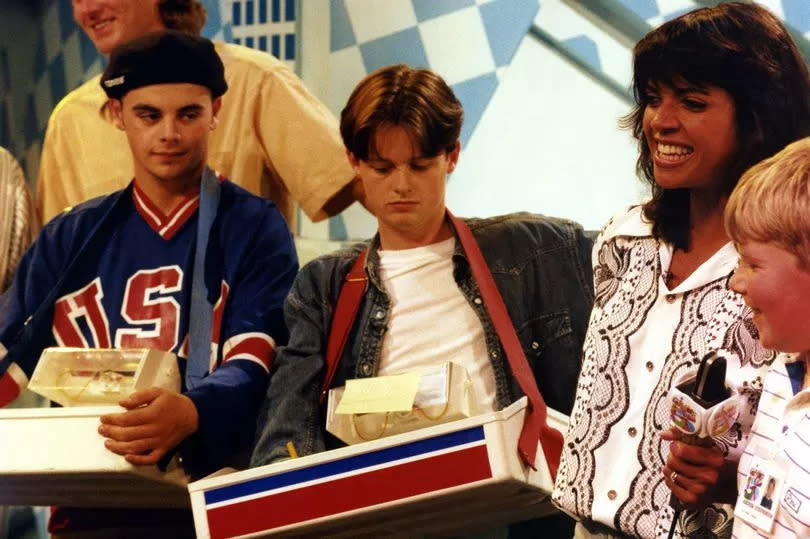 Ant & Dec with Jenny Powell during the filming of the Tyne Tees Television programme Gimme 5 on July 23, 1994