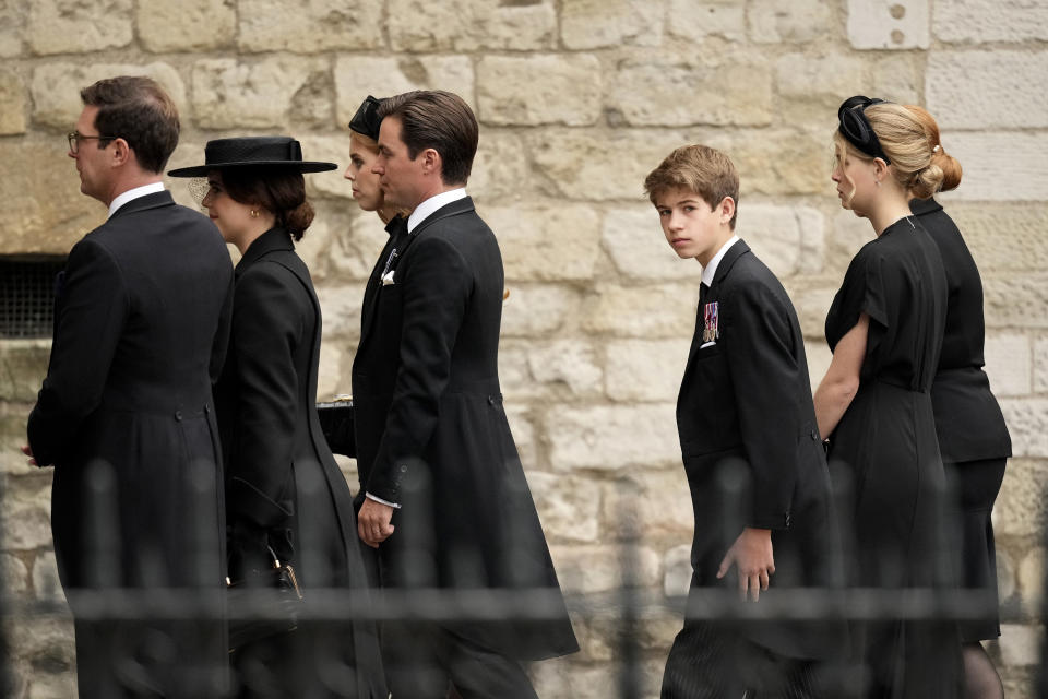 LONDON, ENGLAND - SEPTEMBER 19: Jack Brooksbank, Princess Eugenie, Princess Beatrice, Edoardo Mapelli Mozzi, James, Viscount Severn and Lady Louise Windsor arrive at Westminster Abbey for the State Funeral of Queen Elizabeth II on September 19, 2022 in London, England. Elizabeth Alexandra Mary Windsor was born in Bruton Street, Mayfair, London on 21 April 1926. She married Prince Philip in 1947 and ascended the throne of the United Kingdom and Commonwealth on 6 February 1952 after the death of her Father, King George VI. Queen Elizabeth II died at Balmoral Castle in Scotland on September 8, 2022, and is succeeded by her eldest son, King Charles III.  (Photo by Christopher Furlong/Getty Images)