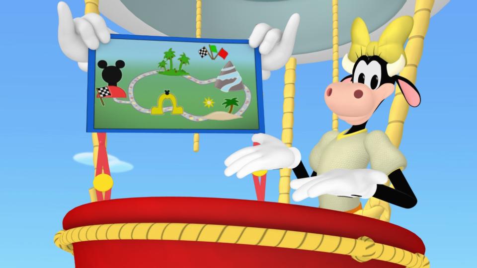 Clarabelle Cow from Mickey Mouse Clubhouse holds a map with a race track, seen in a hot air balloon basket