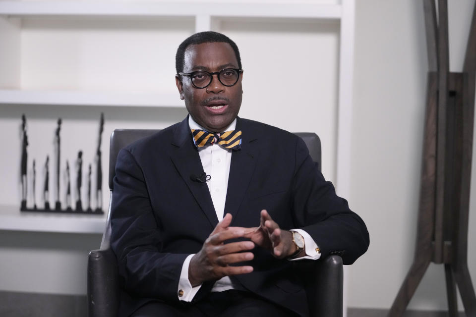 Akinwumi Adesina, President African development bank, speaks during an interview with The Associated Press in Lagos Nigeria, Tuesday , March. 5, 2024. The head of the African Development Bank is calling for an end to loans given in exchange for the continent's rich supplies of oil or critical minerals used in smartphones and electric car batteries, deals that have helped China control mineral mining in places like Congo and have left some African countries in financial crisis. (AP Photo/Sunday Alamba)