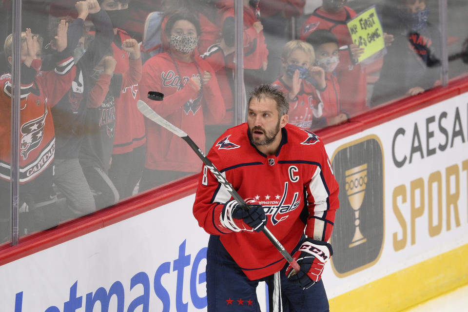 Washington Capitals left wing Alex Ovechkin warms-up before a preseason NHL hockey game against the New Jersey Devils, Wednesday, Sept. 29, 2021, in Washington. (AP Photo/Nick Wass)