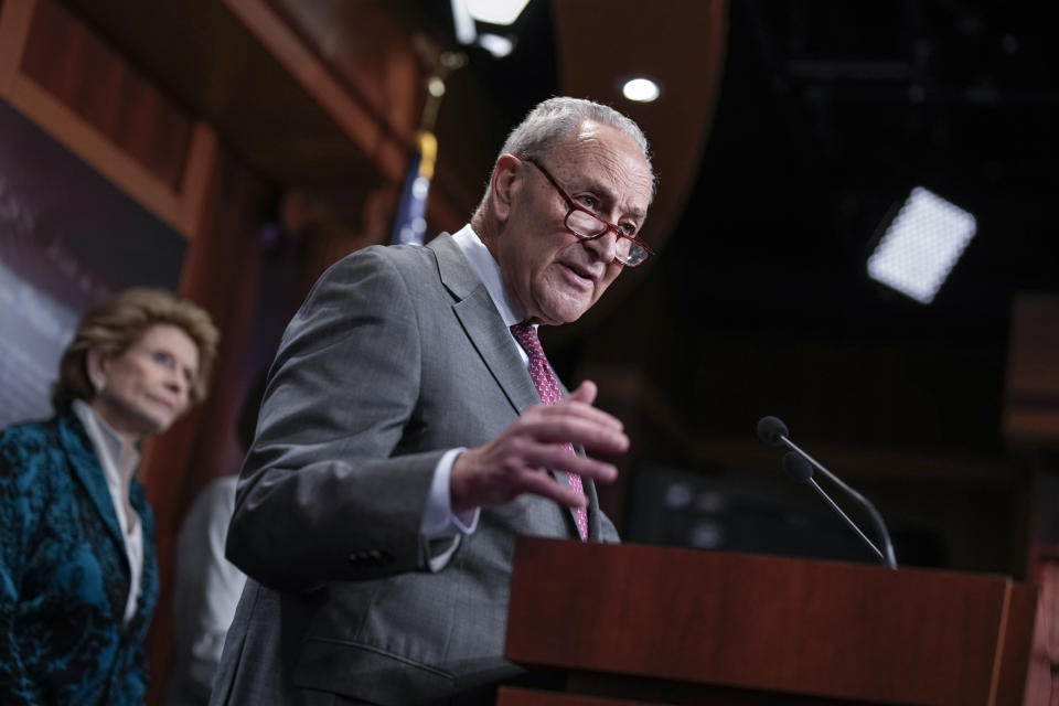 Senate Majority Leader Chuck Schumer, D-N.Y., joined at left by Sen. Debbie Stabenow, D-Mich., speaks to reporters after Senate Republicans blocked a bipartisan border security and immigration bill for a second time this year, at the Capitol in Washington, Thursday, May 23, 2024. (AP Photo/J. Scott Applewhite)