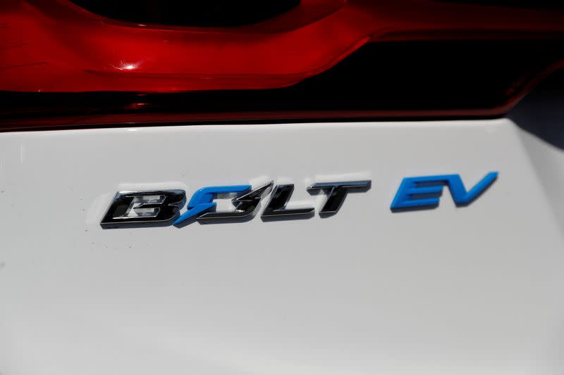 FILE PHOTO: A close-up view of the Chevrolet Bolt electric vehicle logo is seen at Stewart Chevrolet in Colma, California