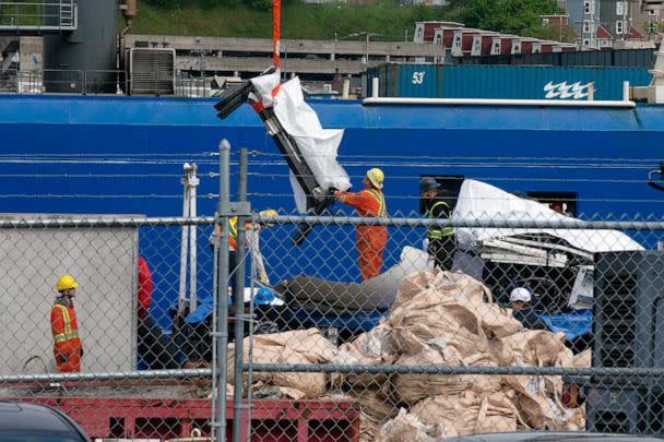 PHOTO: Debris from the Titan submersible, recovered from the ocean floor near the wreck of the Titanic, is unloaded from the ship Horizon Arctic at the Canadian Coast Guard pier in St. John's, Newfoundland, June 28, 2023. (Paul Daly/The Canadian Press via AP)