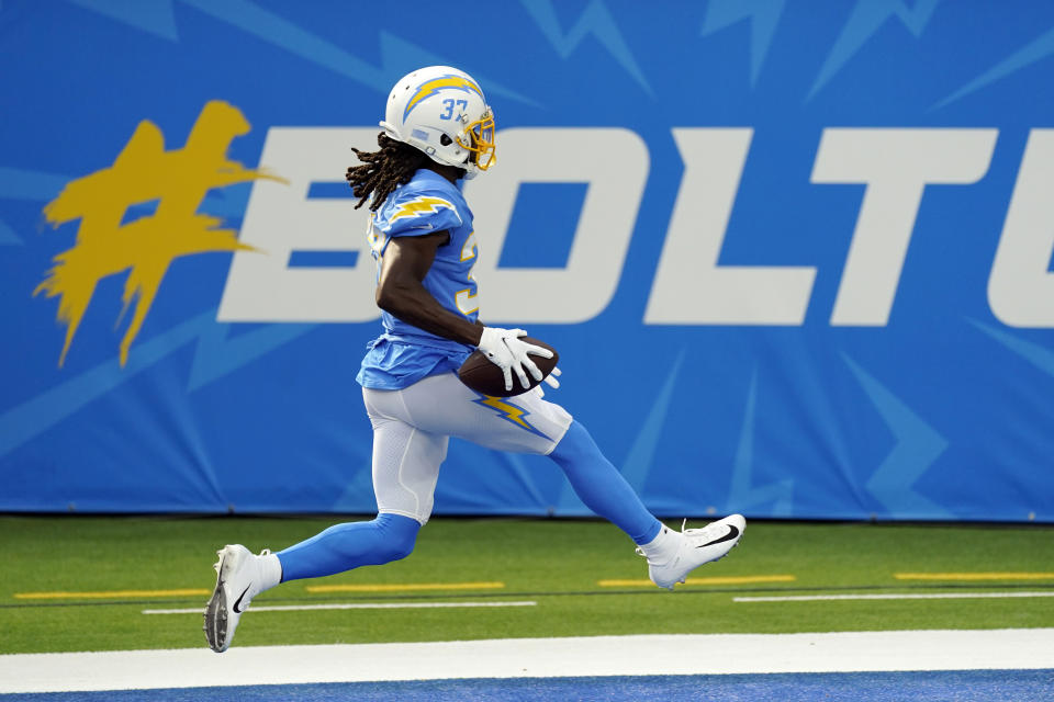 Los Angeles Chargers cornerback Tevaughn Campbell runs into the end zone for a touchdown after intercepting the ball against the New York Jets during the first half of an NFL football game Sunday, Nov. 22, 2020, in Inglewood, Calif. (AP Photo/Jae C. Hong)