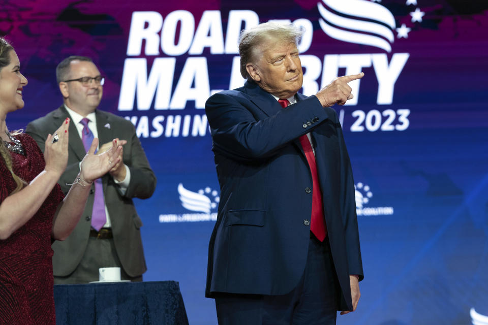 Former President Donald Trump arrives to speak during the Faith & Freedom Coalition Policy Conference in Washington, Saturday, June 24, 2023. (AP Photo/Jose Luis Magana)