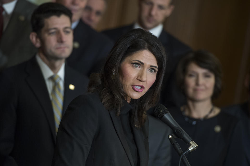 Rep. Kristi Noem, R-S.D., speaks during a news conference in the Capitol after the House passed the the GOP's tax reform bill on November 16, 2017. (Photo By Tom Williams/CQ Roll Call)