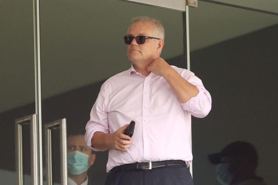 Prime Minister of Australia Scott Morrison moves to his seat during day three of the Fourth Test Match in the Ashes series between Australia and England at Sydney Cricket Ground.