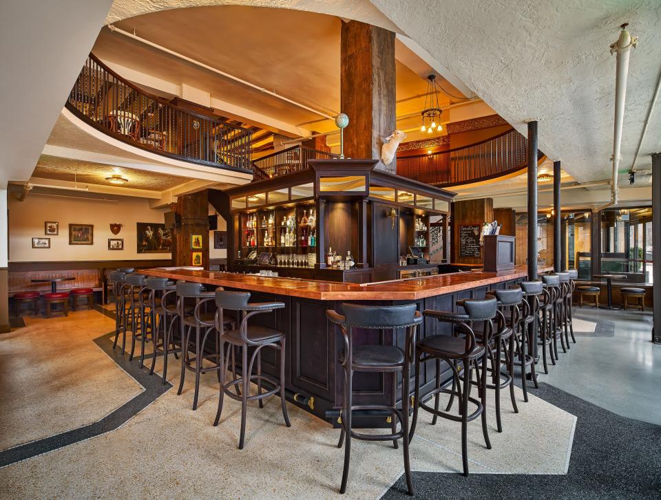 The central bar inside the Lone Goat, a new English pub in downtown Detroit.