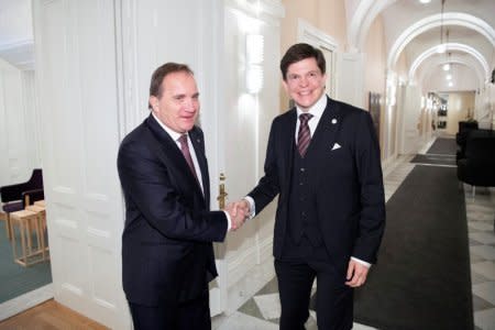 Swedish Social Democratic Party leader Stefan Lofven meets Swedish Speaker of Parliament Andreas Norlen at the Parliament in Stockholm, Sweden, October 15, 2018. TT News Agency/Henrik Montgomery via REUTERS