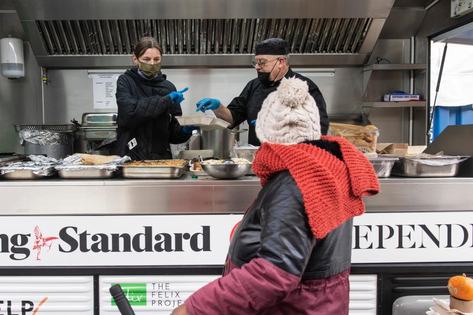 <p>Actress Emma Corrin helps with the Evening Standard’s Food For London Now campaign</p> (Lucy Young)