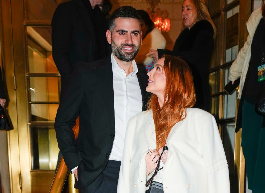 new york, new york march 05 lindsay lohan and bader shammas are seen at the ny premiere of irish wish on march 05, 2024 in new york city photo by gothamgc images