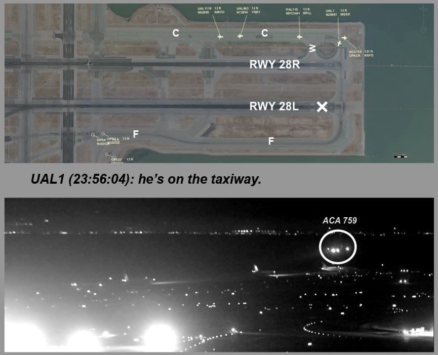 Air Canada flight 759 attempting to land at the San Francisco International Airport on July 7. The bottom image shows the plane flying just above a United Airlines flight waiting on the taxiway.