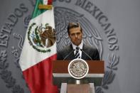 Mexico's President Enrique Pena Nieto delivers a message at the National Palace in downtown Mexico City October 6, 2014. REUTERS/Tomas Bravo