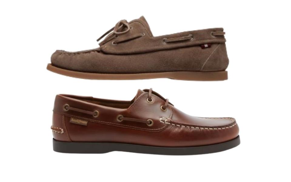 Suede, £650, Bally;  Υβριδικά δερμάτινα loafers, £175, Russell & Bromley