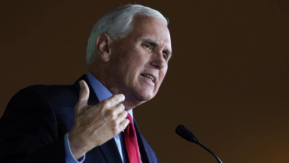 Former Vice President Mike Pence addresses a gathering, Wednesday, Dec. 8, 2021, in Manchester, N.H. (AP Photo/Charles Krupa)