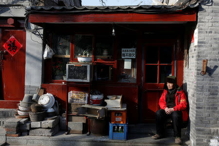 A public security volunteer keeps watch in hutong alley ahead of the upcoming plenary session of National People's Congress (NPC), China's parliamentary body, in Beijing, China, March 1, 2018. REUTERS/Thomas Peter