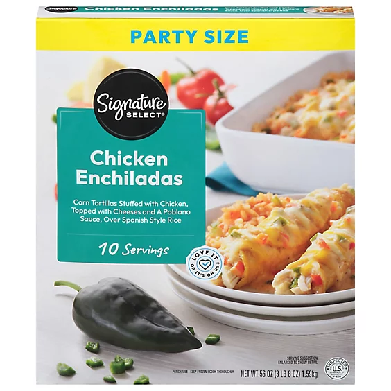 Box of Signature Select Chicken Enchiladas, labeled "Party Size" with 10 servings, and showing corn tortillas stuffed with chicken and cheese with a poblano sauce