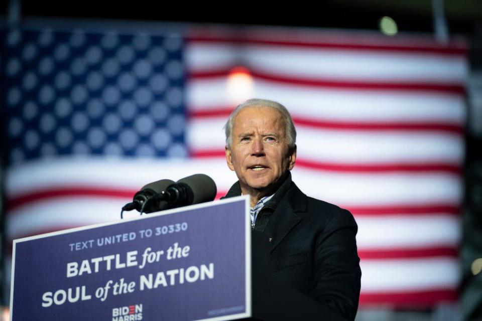 Joe Biden speaks during a drive-in campaign rally at in Pittsburgh, Pennsylvania, on Monday.