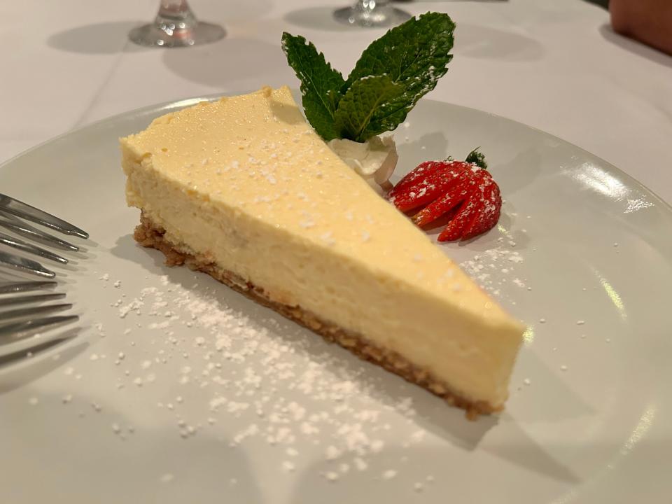 At The Oar Restaurant in Vero Beach, the refreshingly delicious honey orange ricotta cheesecake has an almond crust and is topped with whipped cream.