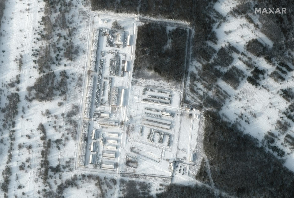 A satellite image of troops and ground forces equipment deployed in Klimovo, 13km north of Ukraine, is seen which appears to show Russian troops and ground forces equipment deployed