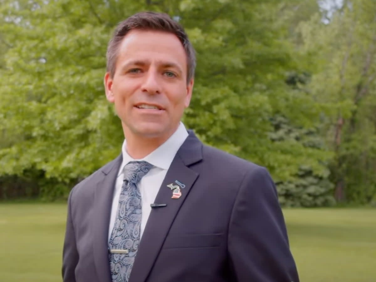 Republican gubernatorial candidate in Michigan Ryan Kelley in a campaign ad. Mr Kelley was arrested by the FBI and charged with a misdemeanor for his alleged participation in the Capitol riot.   (screengrab)