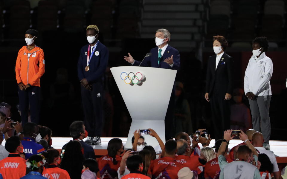 Seen here, International Olympic Committee president Thomas Bach speaks at the Tokyo closing ceremony. 