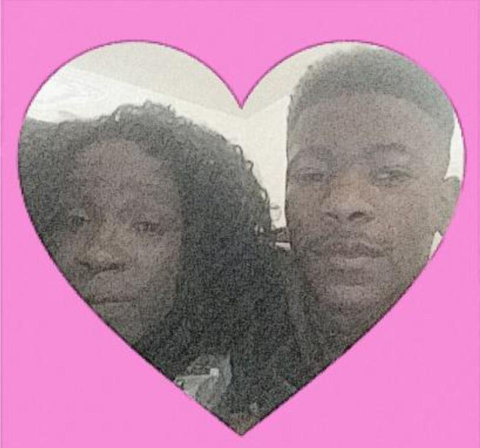 A photo of Jaylow and Desmond framed by a pink heart overlay.