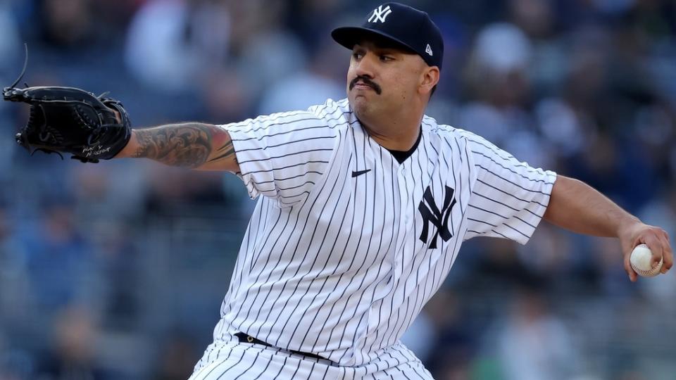 Apr 20, 2023;  Bronx, New York, USA;  New York Yankees starting pitcher Nestor Cortes (65) pitches against the Los Angeles Angels during the fifth inning at Yankee Stadium.