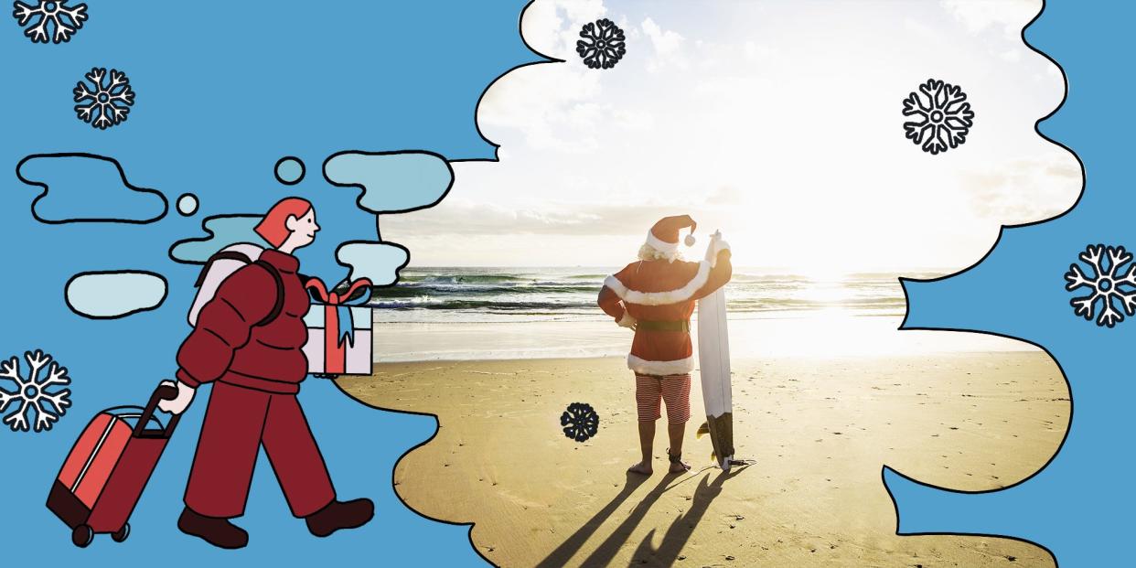 Photo Illustration of a Santa Claus on a beach with a surfboard.