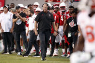 North Carolina State head coach Dave Doeren walks the sidelines during the second half of an NCAA college football game against Clemson in Raleigh, N.C., Saturday, Sept. 25, 2021. (AP Photo/Karl B DeBlaker)