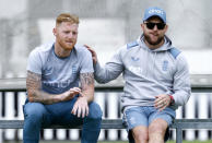 New England captain Ben Stokes, left, and new England men's Test coach Brendon McCullum attend a nets session at Lord's Cricket Ground, London. Monday May 30, 2022. It was the start of a new era for English cricket at Lord's on Monday and it had a New Zealand flavor. Brendon McCullum took his first training session as coach of the men’s test team that will be captained for the first time by Ben Stokes in England’s first match of its international summer starting Thursday. (Steven Paston/PA via AP)