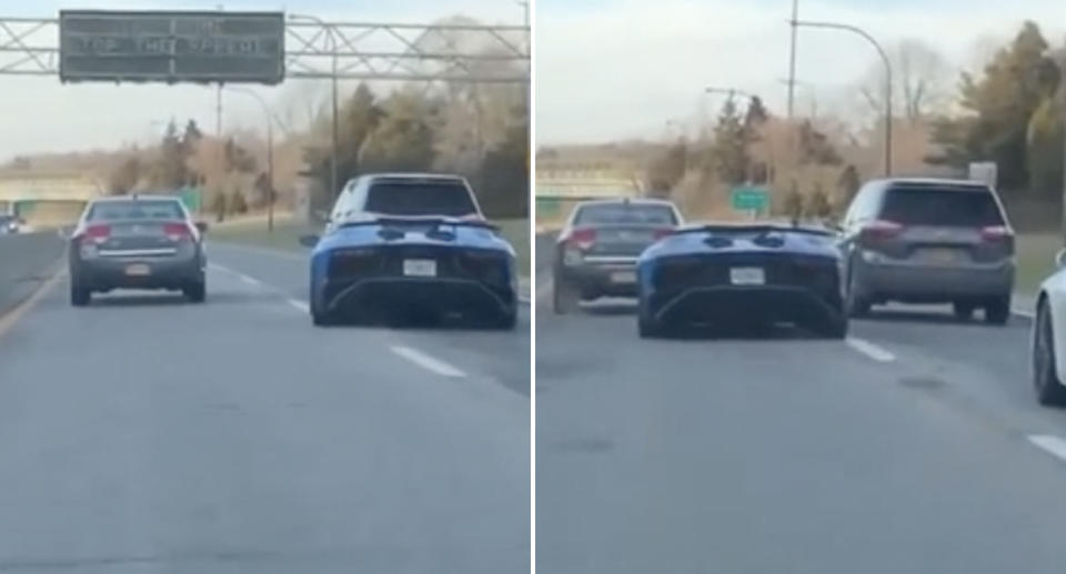 A Lamborghini is pictured trying to overtake traffic in New York.