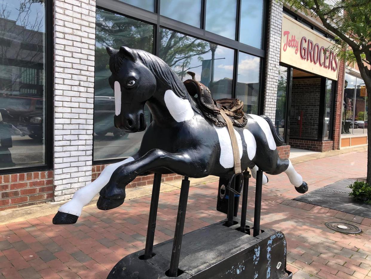 A coin-operated ride along E. Broadway in downtown Hopewell is a prop in a movie being filmed, possibly a Pharrell Williams, a Virginia Beach native, musical.