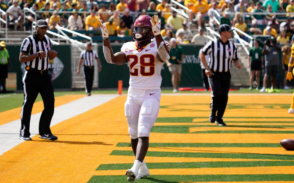 Sep 25, 2021; Waco, Texas, USA; Iowa State Cyclones running back Breece Hall (28) shows his excitement after scoring a touchdown in the first half of the game against the Baylor Bears at McLane Stadium. Mandatory Credit: Scott Wachter-USA TODAY Sports