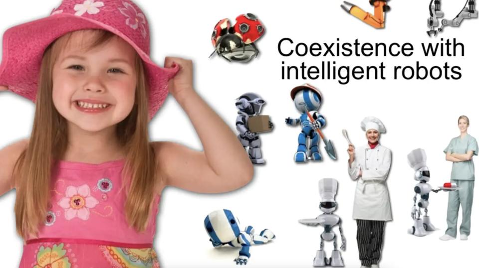 A slide from a 2017 presentation in which SoftBank predicts humans will someday coexist with intelligent robots. Image shows a young girl smiling beside various robots.
