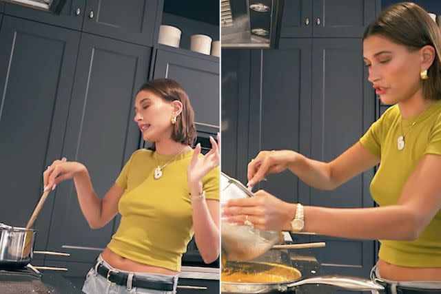 <p>Hailey Bieber/TikTok</p> Hailey Bieber shows how she makes a date night recipe of spicy vodka sauce pasta