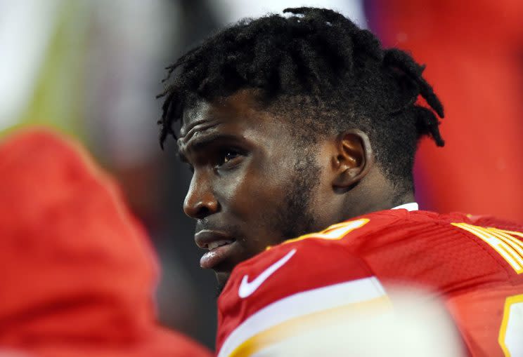 Tyreek Hill was kicked out of Oklahoma State after a violent incident with his pregnant girlfriend. The Chiefs drafted him in Round 5 last year. (Getty Images) 