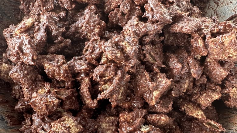 Cereal coated with chocolate mixture