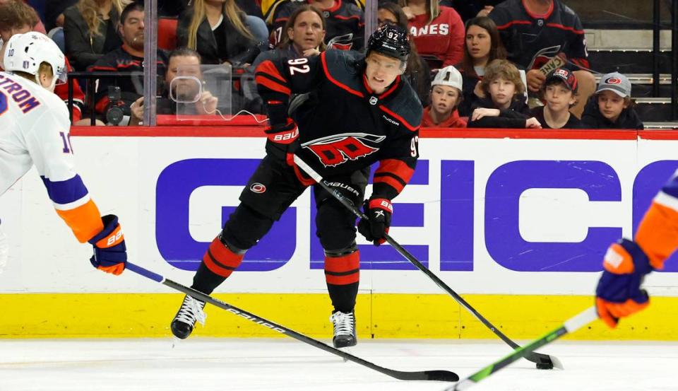 Carolina center Evgeny Kuznetsov (92) looks to shoot during the first period of the Hurricanes game against the Islanders in the first round of the Stanley Cup playoffs at PNC Arena in Raleigh, N.C., Saturday, April 20, 2024.