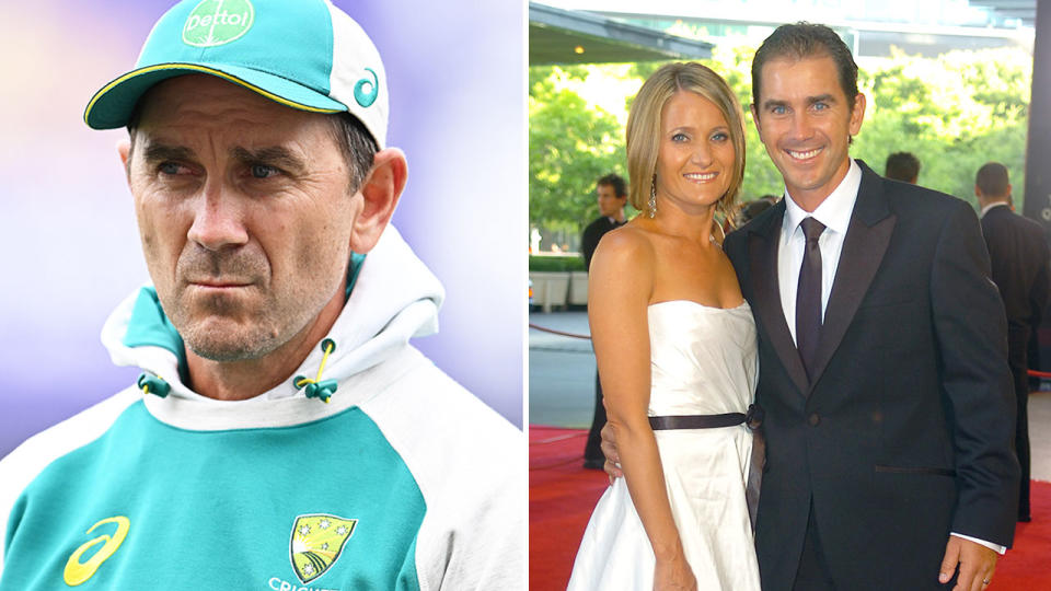 Former Australian men's cricket coach Justin Langer is seen posing for a photo with his wife in the image on the right.