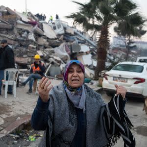  Women hug each other near the collapsed building on February 07, 2023 in Hatay, Turkey. A 7.8-magnitude earthquake hit near Gaziantep, Turkey, in the early hours of Monday, followed by another 7.5-magnitude tremor just after midday. The quakes caused widespread destruction in southern Turkey and northern Syria and were felt in nearby countries. ( 