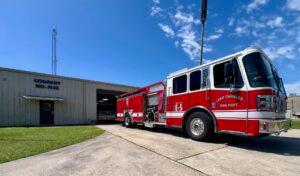 A fire engine is parked outside the Company No. 5 fire station in Lake Charles.