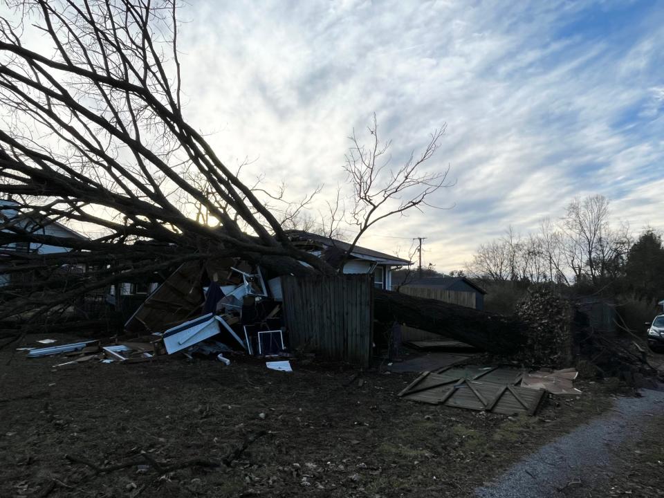 The Buford family home was crushed by a maple tree during a tornado on Saturday night.