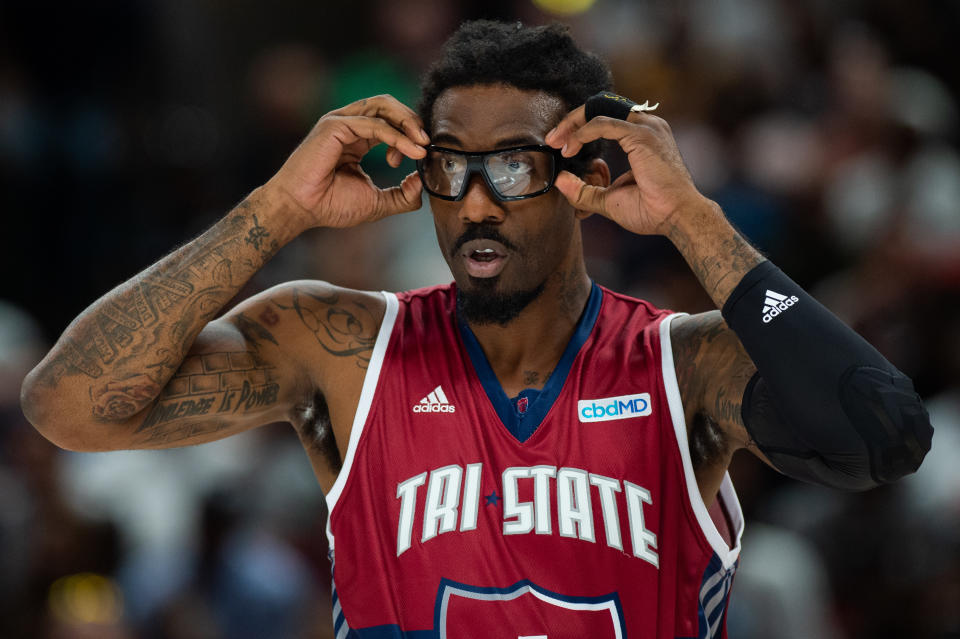 INDIANAPOLIS, IN - JUNE 23: Tri State player Amare Stoudemire (1) adjusts his glasses during the Big3 basketball game between the Killer 3s and Tri State on June 23, 2019 at Bankers Life Fieldhouse in Indianapolis, IN. (Photo by Zach Bolinger/Icon Sportswire via Getty Images)