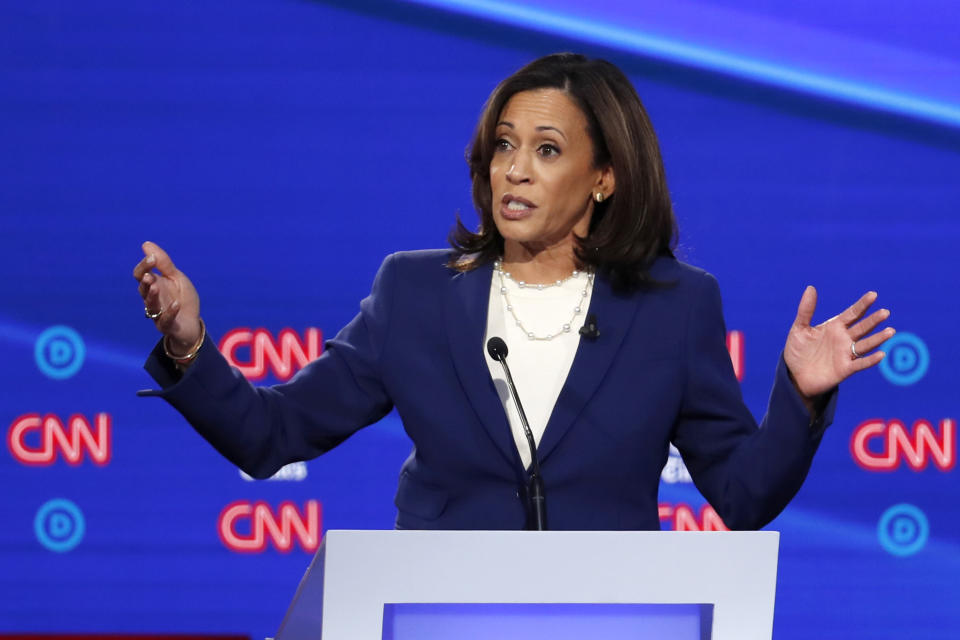 Democratic presidential candidate Sen. Kamala Harris, D-Calif., speaks in a Democratic presidential primary debate hosted by CNN/New York Times at Otterbein University, Tuesday, Oct. 15, 2019, in Westerville, Ohio. (AP Photo/John Minchillo)