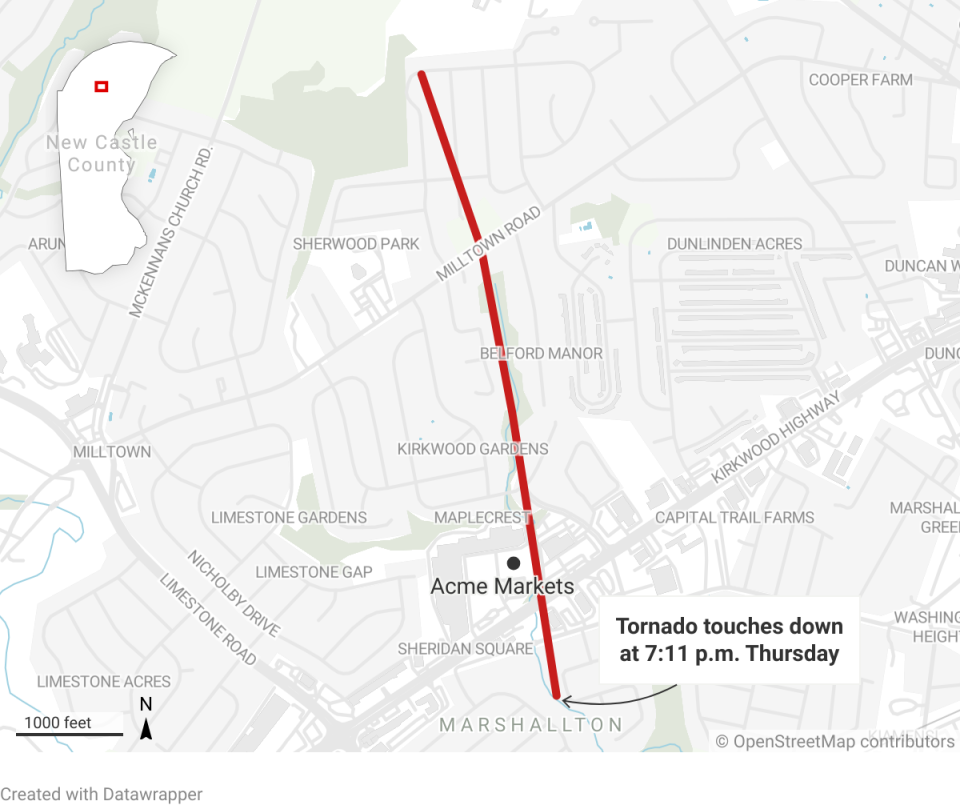 An EF1 tornado, with estimated peak winds of 95 mph, touched down on Thursday, August 8, 2024, at 7:11 pm in Mashallton. The tornado traveled north 1.13 miles in two minutes. Its maximum width was 150 meters.