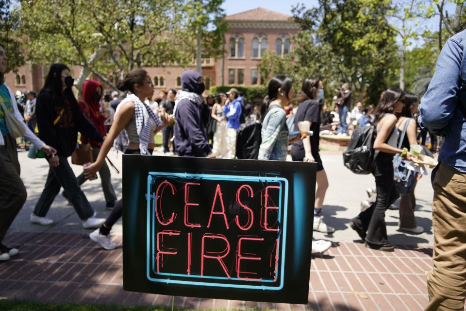 Several hundred people protest the ongoing war in Gaza on the University of Southern California Campus.