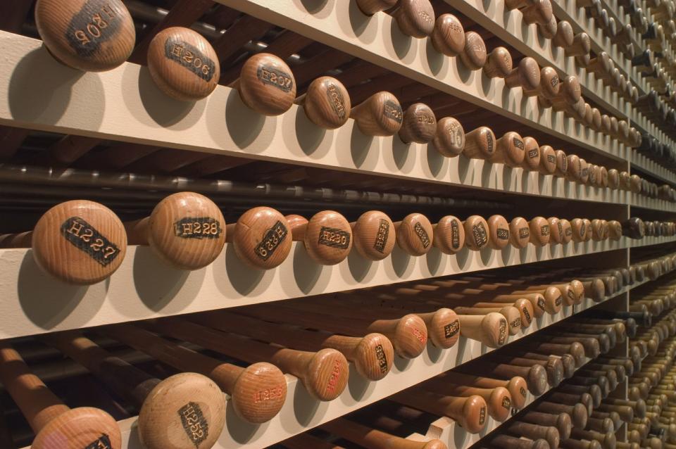 This undated image released by the Louisville Slugger Museum & Factory shows the bat vault in Louisville, Ky. Visitors can trace that baseball heritage along the Louisville Slugger Walk of Fame, stretching about a mile from the Louisville Slugger Museum & Factory to the city’s minor-league ballpark. (AP Photo/Hillerich & Bradsby)