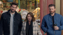 This undated image provided by Hyundai Motor America shows from left John Krasinski, Rachel Dratch and Chris Evans in a scene from the company's 2020 Super Bowl NFL football spot. The automaker pokes fun at Boston accents with a 60-second ad in the second quarter that uses Boston-affiliated celebrities including actor Chris Evans, John Krasinski, Saturday Night Live alum Rachel Dratch and Boston Red Sox David Ortiz. (Hyundai Motor America via AP)